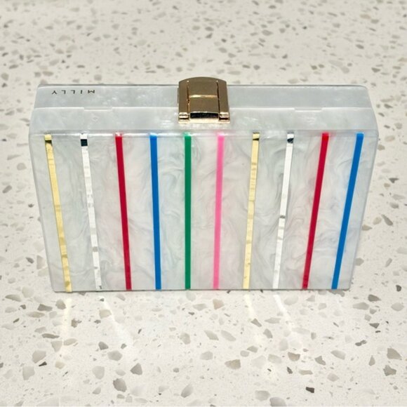 Milly Box Acrylic Clutch Swarovski Crystal Rainbow Stripe Removable Chain - Picture 8 of 14